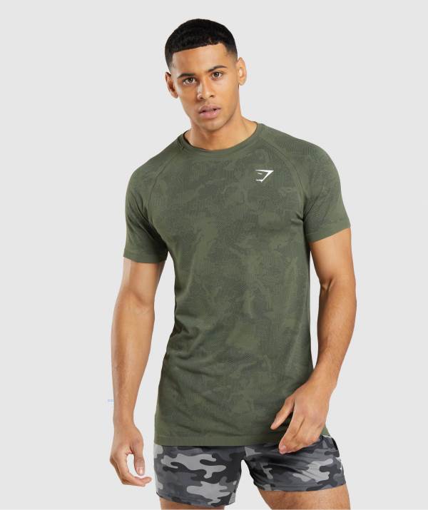 Panske Tricka Gymshark Geo Seamless Čierne Olivovo Zelená | WH3875216